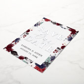 Navy Blue Bourgondische Bloemige Trouwkaart Save T Folie Uitnodiging (Gedraaid)
