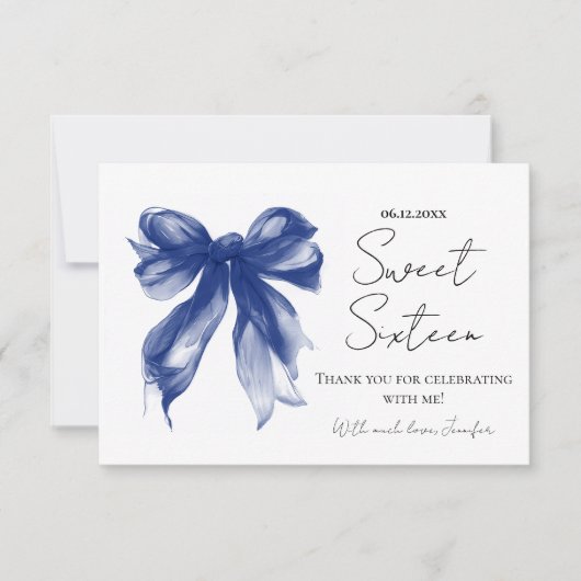 Navy Blue Bow Coquette Script Sweet 16 Merci (Devant)