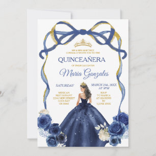Navy Blue Bow Princess Gold Crown Quinceañera Kaart