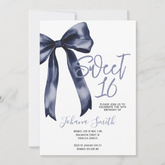 Navy Blue Bow Sweet Sixteen Girl Birthday Party Kaart