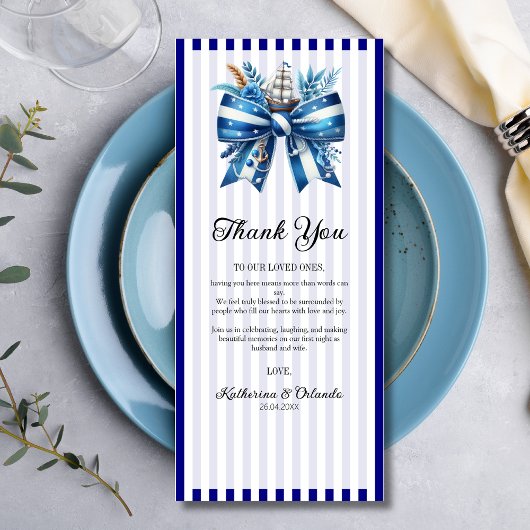 Navy Blue Bow Wedding Place Setting Thank You Card Programma