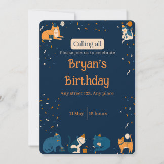 Navy Blue Boy Cat Invite Kaart