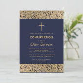 Navy Blue Boy Confirmation Floral Gold Rozen Cross Kaart (Staand voorkant)