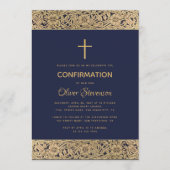 Navy Blue Boy Confirmation Floral Gold Rozen Cross Kaart (Voorkant)