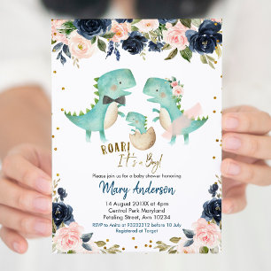 Navy Blue Boy Dinosaur Couple Shower Invite Roar Kaart