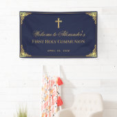Navy Blue Boy Eerste Communie Faux Gold  Spandoek (Insitu)