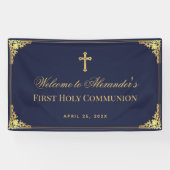 Navy Blue Boy Eerste Communie Faux Gold  Spandoek (Horizontaal)