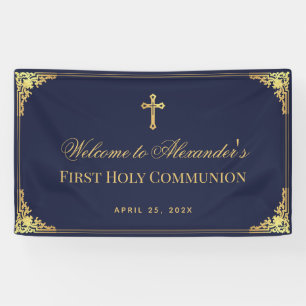 Navy Blue Boy Eerste Communie Faux Gold  Spandoek