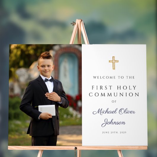 Navy Blue Boy Photo First Communion Welcome (Neutre)