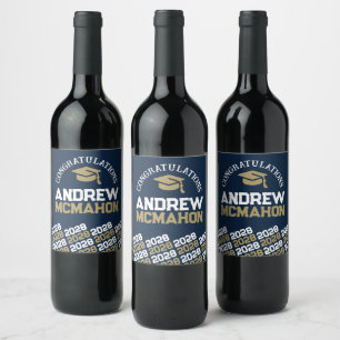 Navy Blue & Bronze Gold Afstuderen gepersonaliseer Wijn Etiket