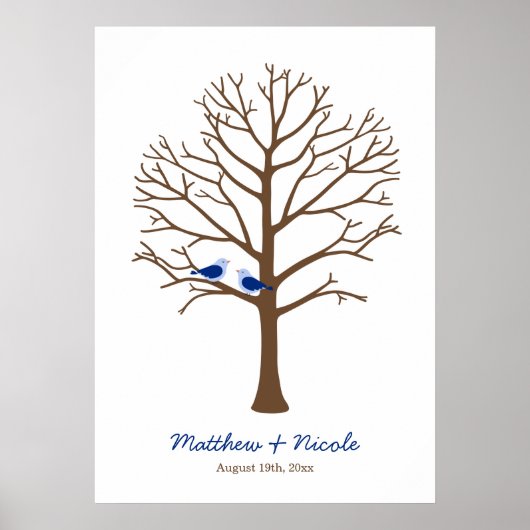 Navy Blue Brown Birds Fingerprint Tree Weddenschap Poster (Voorkant)