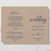 Navy Blue, Brown Kraft, Wedding Foldable Programme (Voorkant / Achterkant)