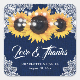 Navy Blue Bruine Jute Kant Sunflower Trouw Trouwka Vierkante Sticker