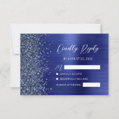 Navy Blue Brushed Metal Glitter Script Wedding RSVP Kaartje (Voorkant)