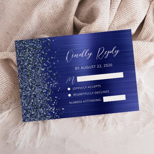 Navy Blue Brushed Metal Glitter Script Wedding RSVP Kaartje