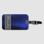 Navy Blue Brushed Metal Monogram Naam Bagagelabel (Voorkant (horizontaal))