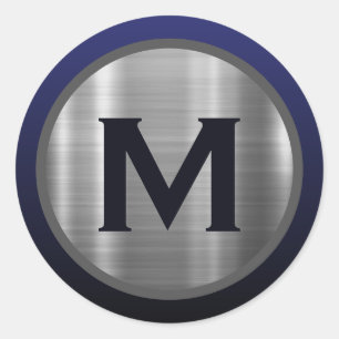 Navy Blue Brushed Silver Monogram Ronde Sticker