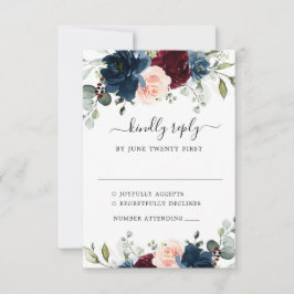 Navy Blue Burgundy Blush Pink Floral Weddenschap RSVP Kaartje