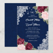 Navy Blue Burgundy Blush Rustic Floral Wedding Kaart (Voorkant / Achterkant)