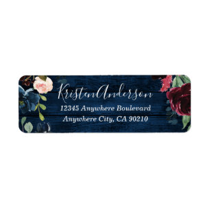 Navy Blue Burgundy Blush Waterverf Wreath Wedding Etiket