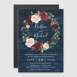 Navy Blue Burgundy Blush Waterverf Wreath Wedding Magnetische Uitnodiging
