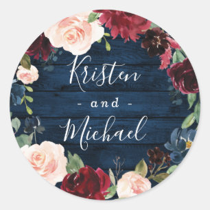 Navy Blue Burgundy Blush Waterverf Wreath Wedding Ronde Sticker