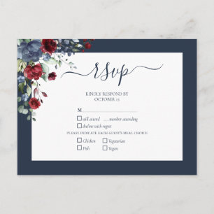 Navy Blue Burgundy Botanical Script Weddenschap RS Uitnodiging Briefkaart