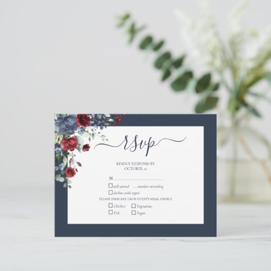 Navy Blue Burgundy Botanical Script Weddenschap RS Uitnodiging Briefkaart (Staand voorkant)