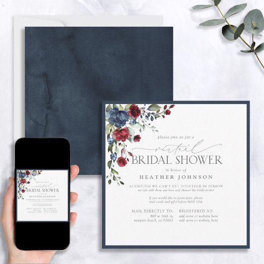 Navy Blue Burgundy Botanical Virtual Shower Kaart