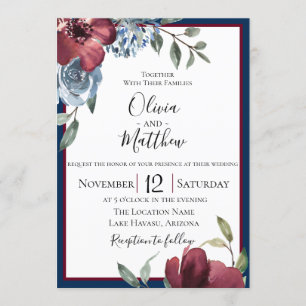 Navy Blue Burgundy Botanical Wedding Invitation Kaart