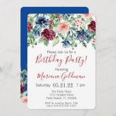 Navy Blue Burgundy Floral Birthday Party Kaart (Voorkant / Achterkant)