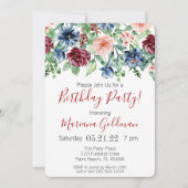 Navy Blue Burgundy Floral Birthday Party Kaart (Voorkant)