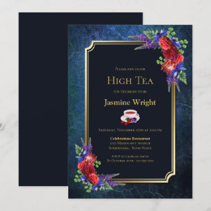 Navy Blue Burgundy Floral Bridal High Tea Kaart