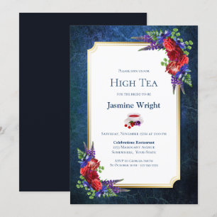 Navy Blue Burgundy Floral Bridal High Tea Kaart