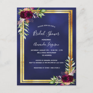 Navy blue burgundy floral Bridal Shower-uitnodigin Briefkaart