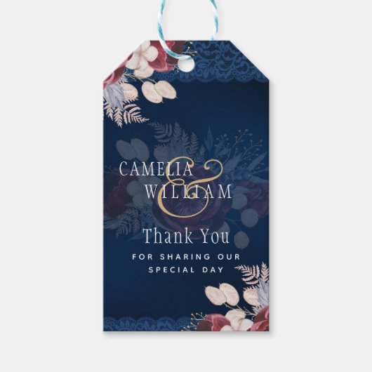 Navy Blue Burgundy Floral Lace Wedding Cadeaulabel (Voorkant)