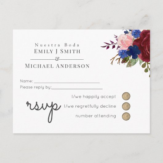 Navy Blue Burgundy Floral Spain Boda RSVP Uitnodiging Briefkaart (Voorkant)