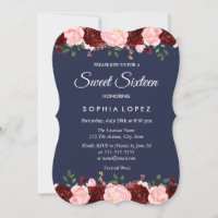Navy Blue Burgundy Floral Sweet 16 Uitnodiging