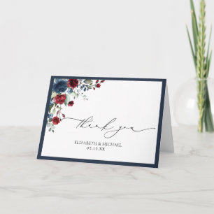 Navy Blue Burgundy Floral Waterverf Foto bruiloft Kaart