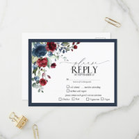 Navy Blue Burgundy Floral Waterverf Script RSVP