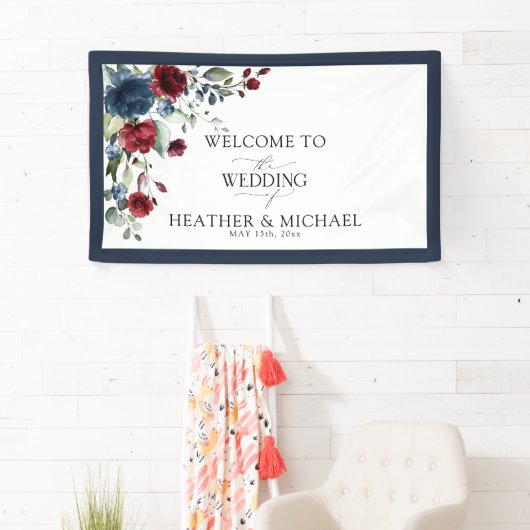 Navy Blue Burgundy Floral Waterverf Welkom Spandoek (Insitu)