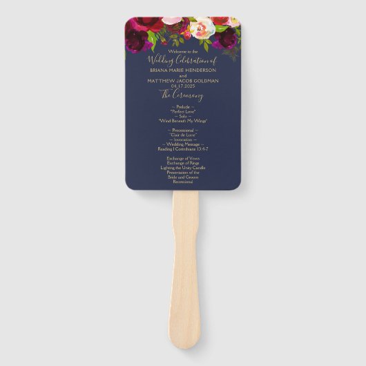 Navy Blue Burgundy Floral Wedding Programme Hand F Handwaaier (Voorkant)