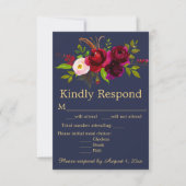 Navy Blue Burgundy Floral Wedding RSVP Kaartje (Voorkant)