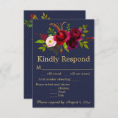 Navy Blue Burgundy Floral Wedding RSVP Kaartje (Voorkant / Achterkant)