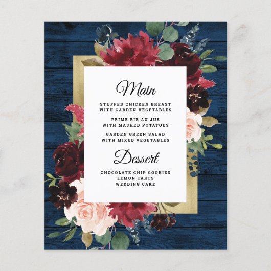 Navy Blue Burgundy Gold Blush Wedding Menu-kaarten (Voorkant)