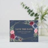 Navy Blue Burgundy Gold Floral redt de datum Aankondigingskaart (Staand voorkant)