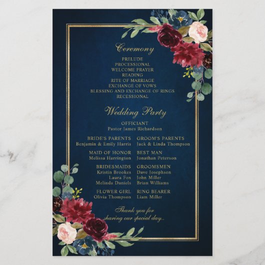 Navy Blue Burgundy Gold Geometric Wedding Programm (Achterkant)
