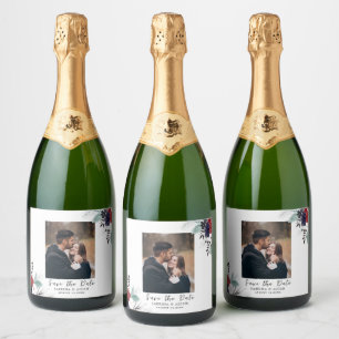 Navy Blue Burgundy Gothic Floral foto Sparkling Wijnetiket