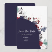 Navy Blue Burgundy Gothic Floral Wedding Save The Date (Voorkant / Achterkant)