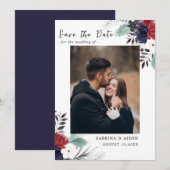 Navy Blue Burgundy Gothic Floral Wedding Save The Date (Voorkant / Achterkant)